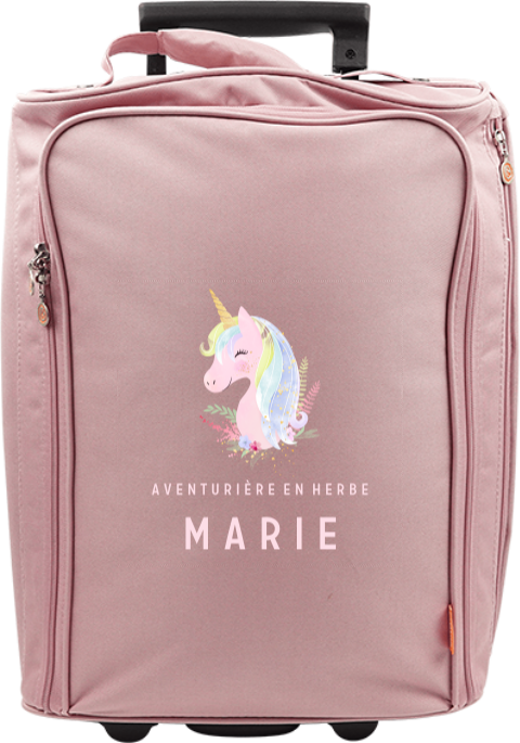 Valise à roulettes avec licorne colorée, message et prénom