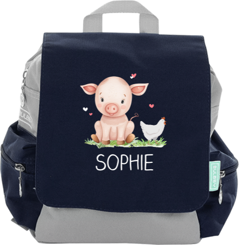 Sac à dos avec dessin d'un cochon et d'une poule