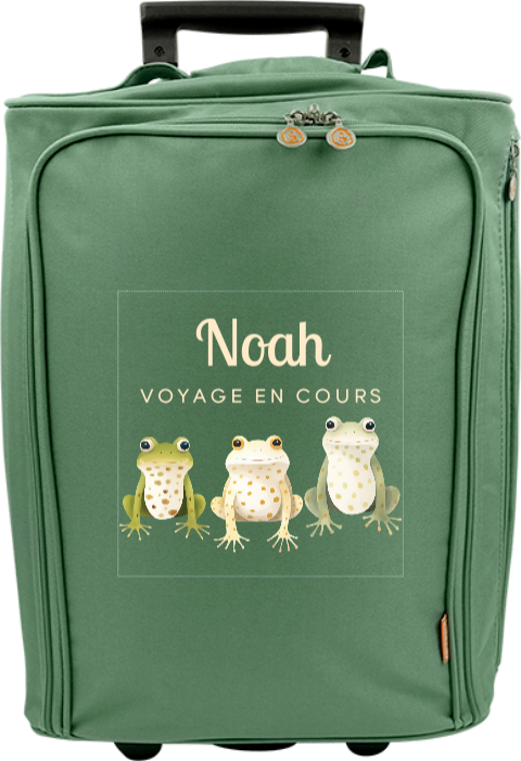 Valise à roulettes avec trois grenouilles, message et prénom