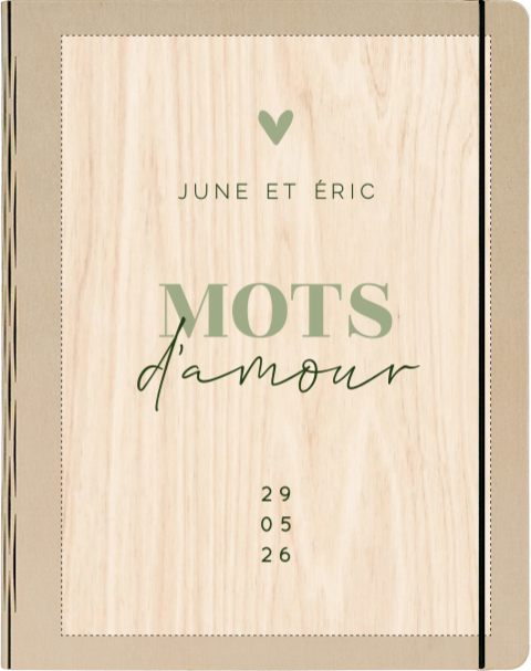 Livre d'or en bois avec écriture en cœur en vert olive