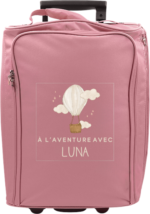 Valise à roulettes avec mongolfière dans les nuages et message