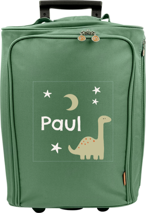 Valise à roulettes avec dinosaure, étoiles, lune et prénom
