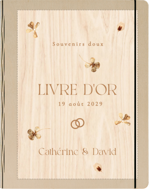 Livre d'or en bois avec fleurs jaunes et bagues