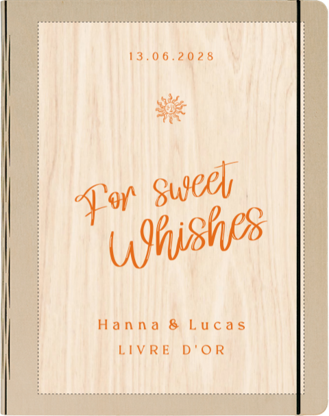 Livre d'or en bois tendance avec typographie et soleil oranges