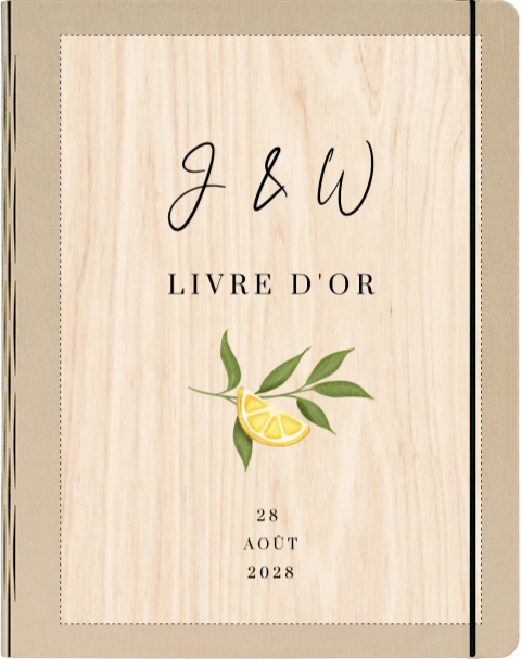 Livre d'or en bois avec citron et branche