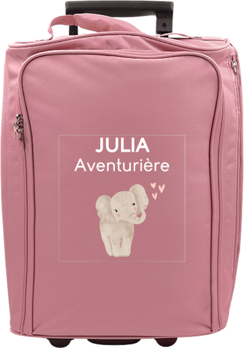 Valise à roulettes avec adorable éléphant, message et prénom