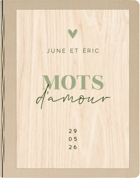 Livre d'or en bois avec écriture en cœur en vert olive