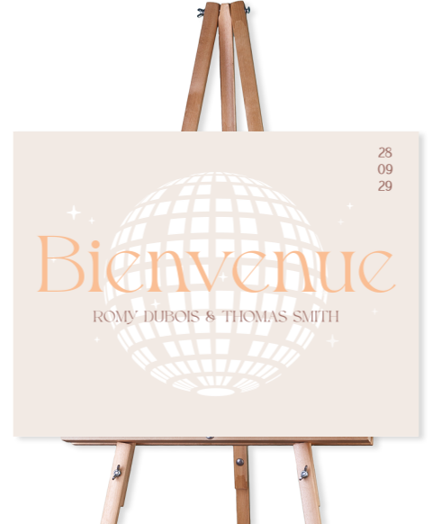 Panneau de bienvenue avec boule disco, étoiles, sur fond beige