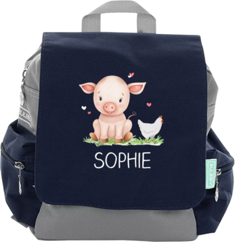 Sac à dos avec dessin d'un cochon et d'une poule