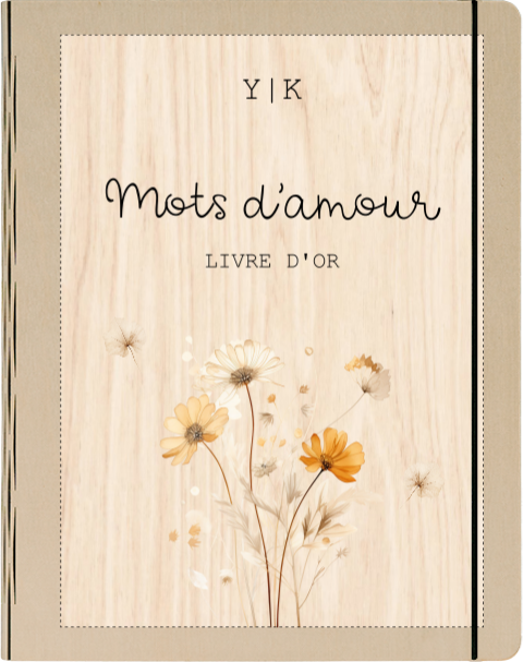 Livre d'or en bois avec des fleurs jaunes et orange 