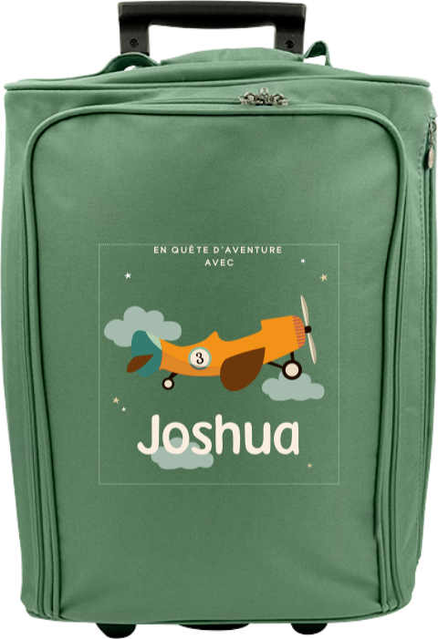 Valise à roulettes avec avion dans les nuages, message et prénom