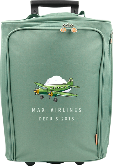 Valise à roulettes avec avion vert en vol, prénom et message
