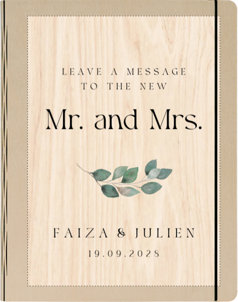 Livre d'or en bois avec branche d'eucalyptus et "Mr. and Mrs."