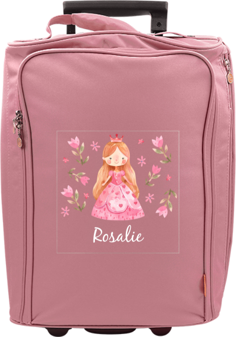 Valise à roulettes avec  fleurs roses, princesse et prénom