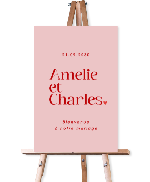 Panneau de bienvenue mariage avec texte et cœur rouge sur fond rose