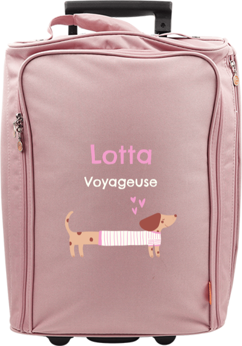 Valise à roulettes avec chien portant un pull, message et prénom