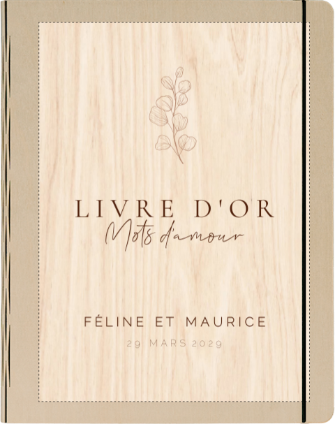 Livre d'or en bois avec branche de feuilles en couleurs neutres