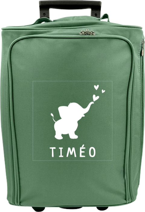 Valise à roulettes avec éléphant soufflant des coeurs et prénom