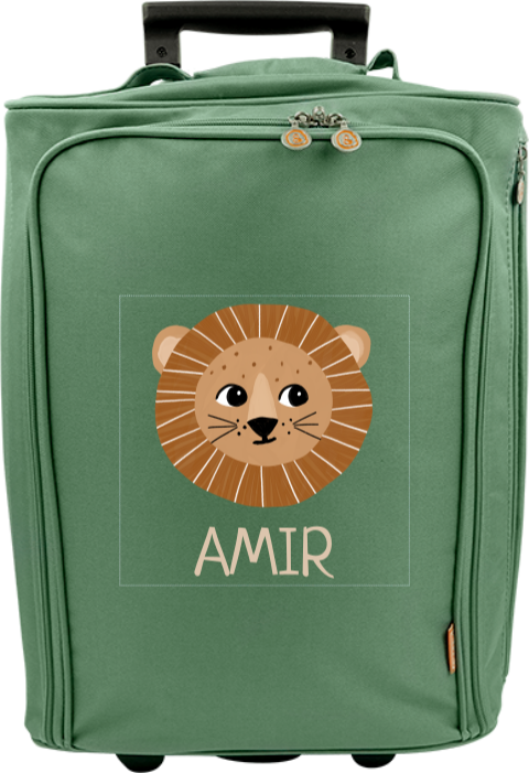 Valise à roulettes avec illustration tête de lion et prénom