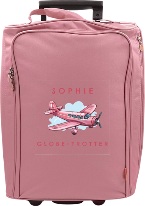 Valise à roulettes avec avion rose, prénom et message