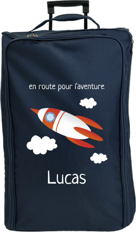 Valise à roulettes avec fusée, message et prénom