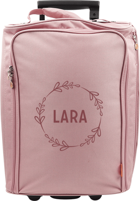 Valise à roulettes avec couronne de fleurs rose et prénom