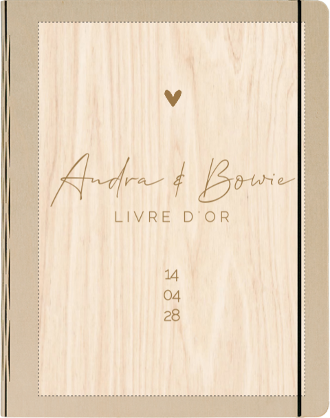 Livre d'or en bois minimaliste avec écriture et cœur marron