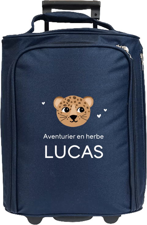 Valise à roulettes avec coeurs, tête de félin, message et prénom