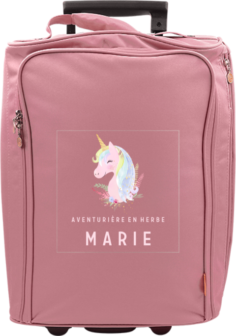 Valise à roulettes avec licorne colorée, message et prénom