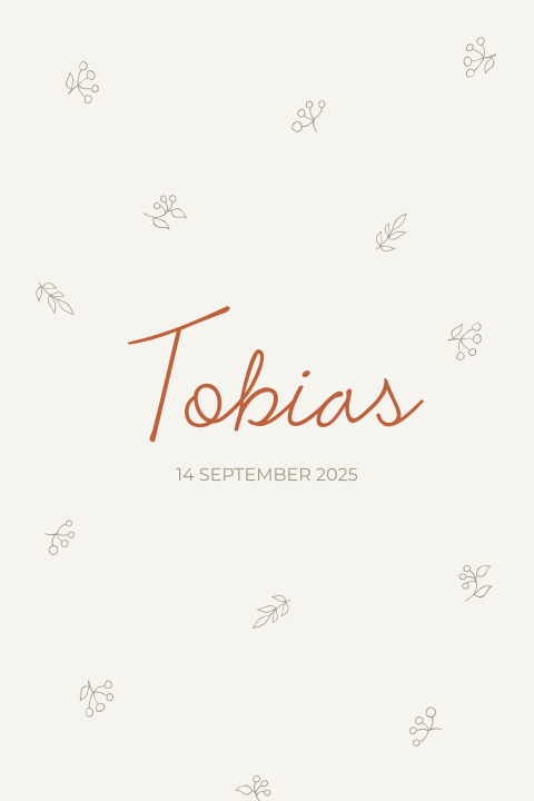 Lief geboortekaartje met kleine tekeningen van besjes en blaadjes