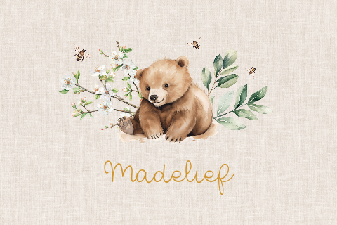 Geboortekaartje met lief beertje tussen bloemen en bijen