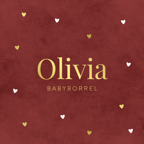 Stijlvol babyborrelkaartje met wit en gouden hartjes
