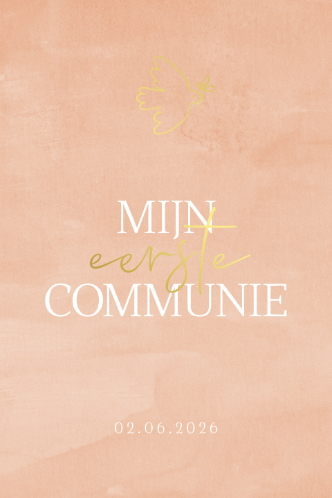 Communiekaartje met roze achtergrond en gouden vredesduif