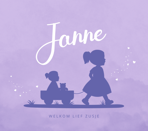 Geboortekaartje baby in wagen en grote zus