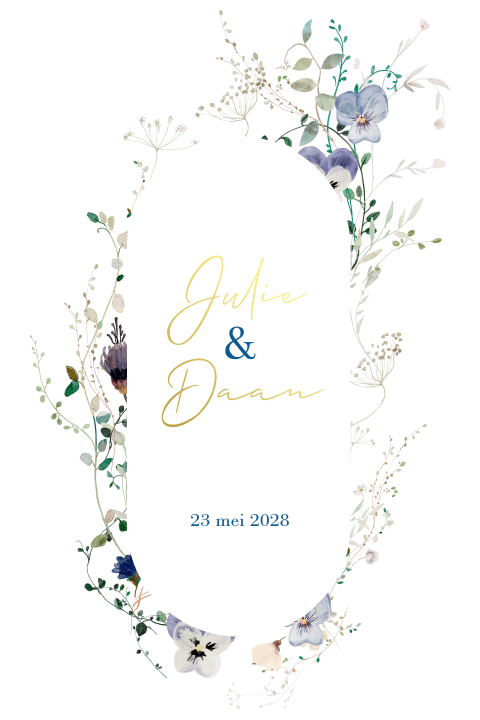 Stijlvolle wildflower trouwkaart met goudfolie