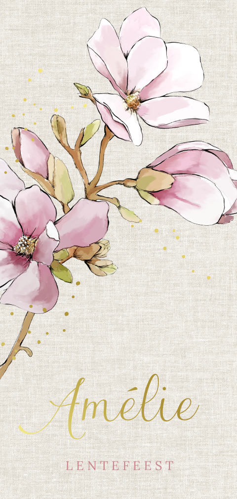 Fleurige uitnodiging met magnolia bloemen en goudfolie