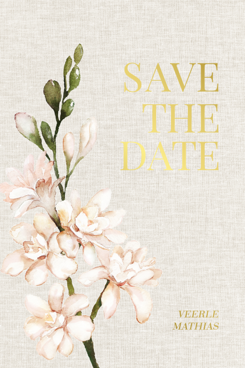 Klassieke save-the-date met aquarel bloemen en goudfolie