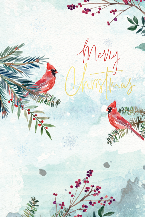 Aquarel Kerst - Nieuwjaarskaart met vogeltjes