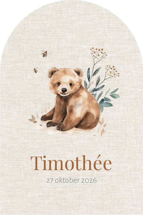 Geboortekaartje met schattig beertje en bloemen
