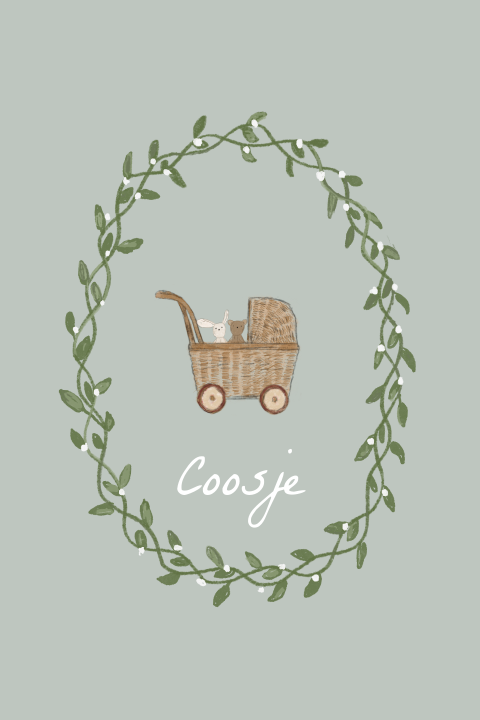 LIEF GEBOORTEKAARTJE MET BEER EN KONIJN IN POPPENWAGEN