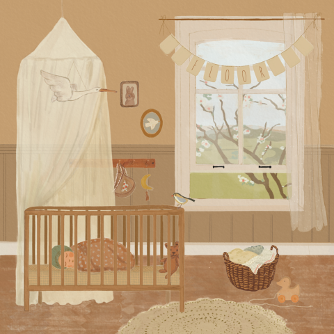 Geboortekaartje neutraal babykamer illustratie