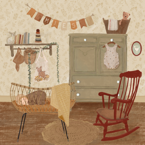 GEBOORTEKAARTJE MET UNIEKE ILLUSTRATIE BABYKAMERTJE