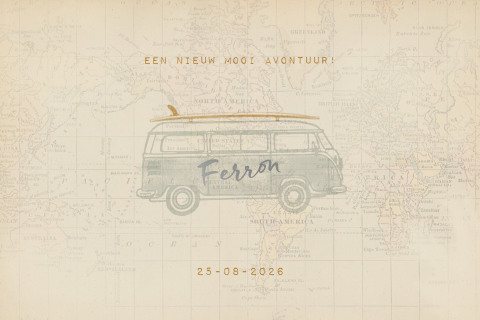 VINTAGE GEBOORTEKAARTJE STOER CAMPERBUSJE ZILVERFOLIE