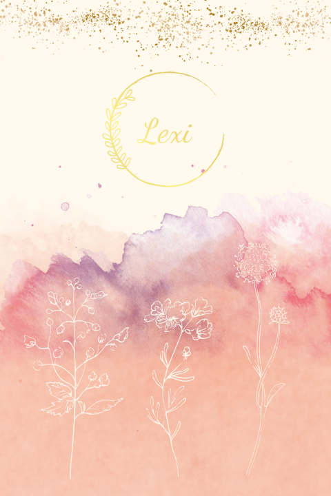 GEBOORTEKAARTJE MET ROZE PAARSE WATERCOLOUR EN GOUDFOLIE MEISJE