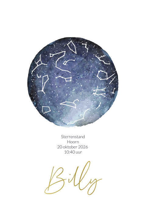 GEBOORTEKAARTJE STERRENSTAND JONGEN GOUDFOLIE WATERCOLOR