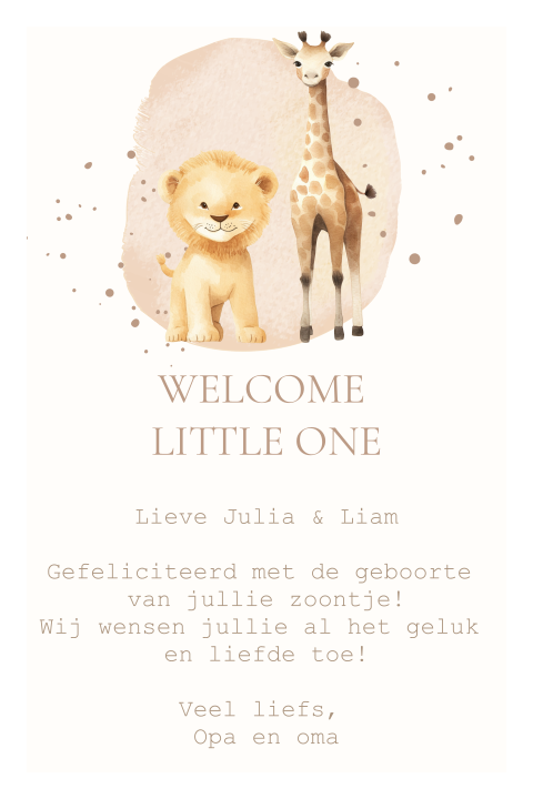 Schattig wenskaartje voor geboorte met leeuw en giraf