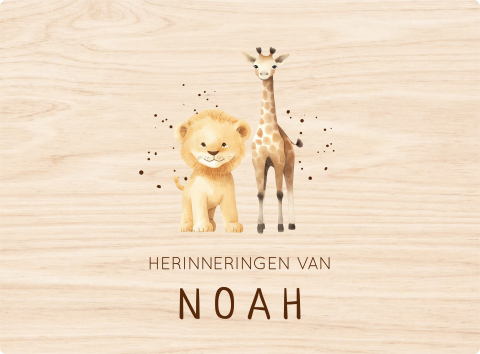 Herinneringskist van hout met leeuw, giraf en naam