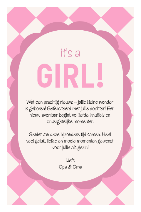Wenskaart voor Geboorte "It's a Girl"