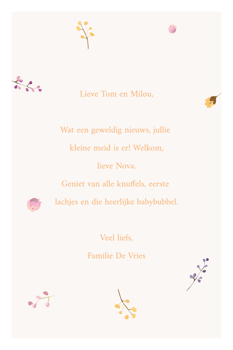 Stijlvolle wenskaart voor geboorte met droogbloemen