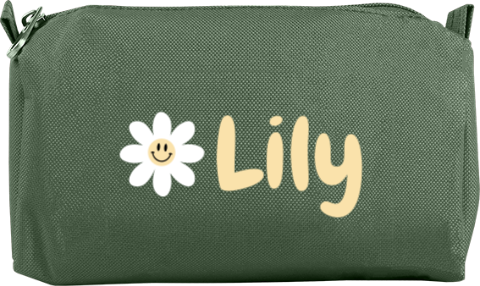 Etui met gele naam en bloem met smiley